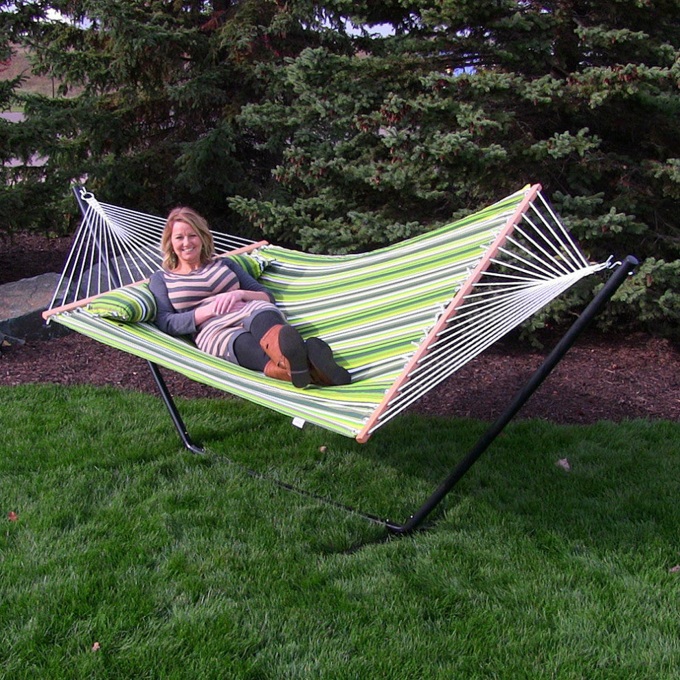 Sunnydaze 2-Person Quilted Spreader Bar Hammock and 12' Stand, Melon Stripe