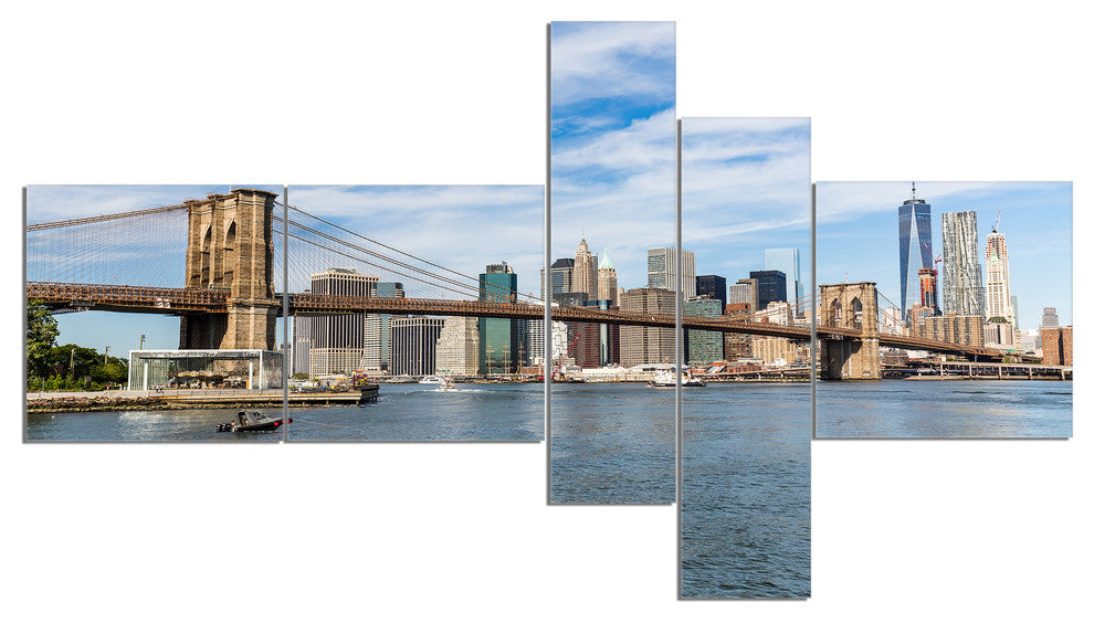 Summer Day Brooklyn Bridge, Cityscape Canvas Print, 60"x32", 5 panels