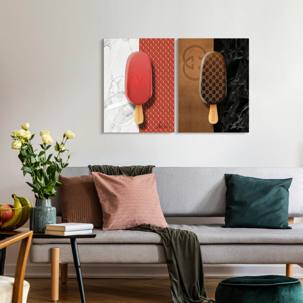 "Designer Dessert" Frameless Floating Tempered Glass Panel Wall Art Set of 2