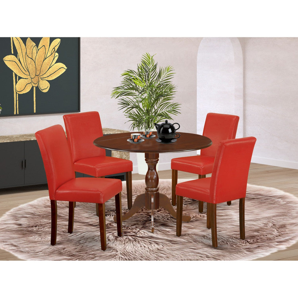 5 Pc Dining Set, 1 Drop Leaves Table, 4 Firebrick Red Pu Leather Chairs