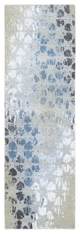 Gray and Blue, THE HONEYCOMB, Wool and Silk Hand Knotted Runner Rug, 2'6"x8'0"