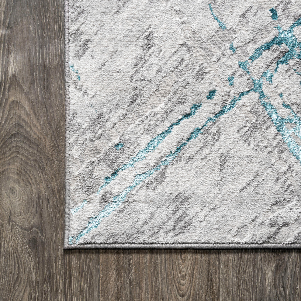 Slant Modern Abstract Area Rug, Gray/Turquoise, 2'x10'