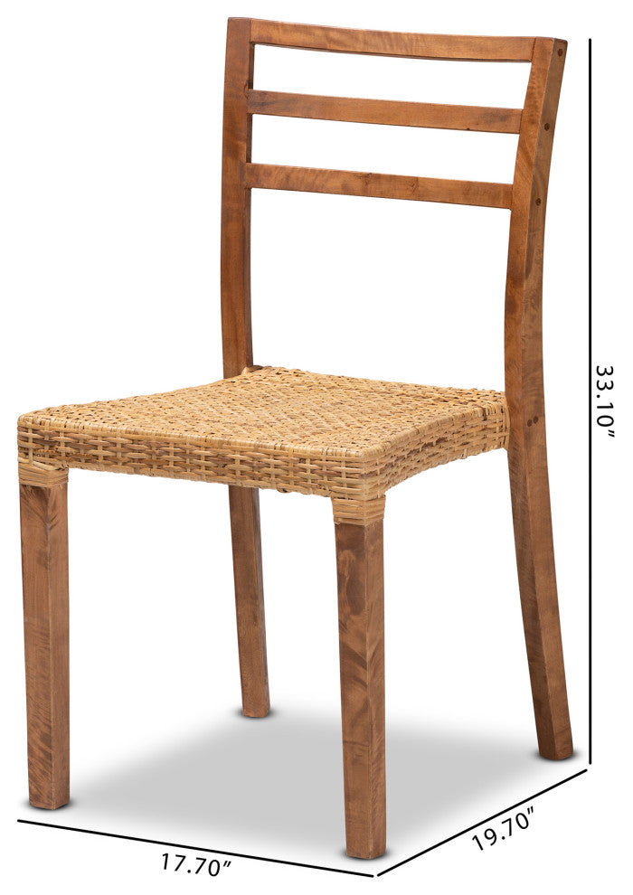 Arthur Modern Walnut Brown Finished Wood and Natural Rattan Dining Chair Set