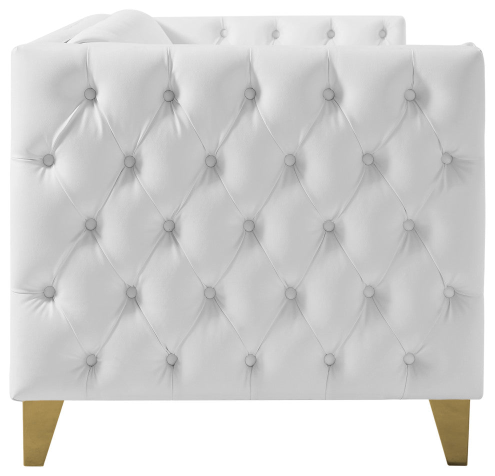 Michelle Fabric Upholstered Chair, Gold Iron Legs, White, Vegan Leather, Loveseat