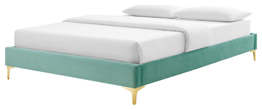 Platform Bed Frame, Full Size, Velvet, Blue, Modern Contemporary, Bedroom Master