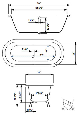 Cheviot Products Regal Cast Iron Bathtub, White Interior, White Exterior