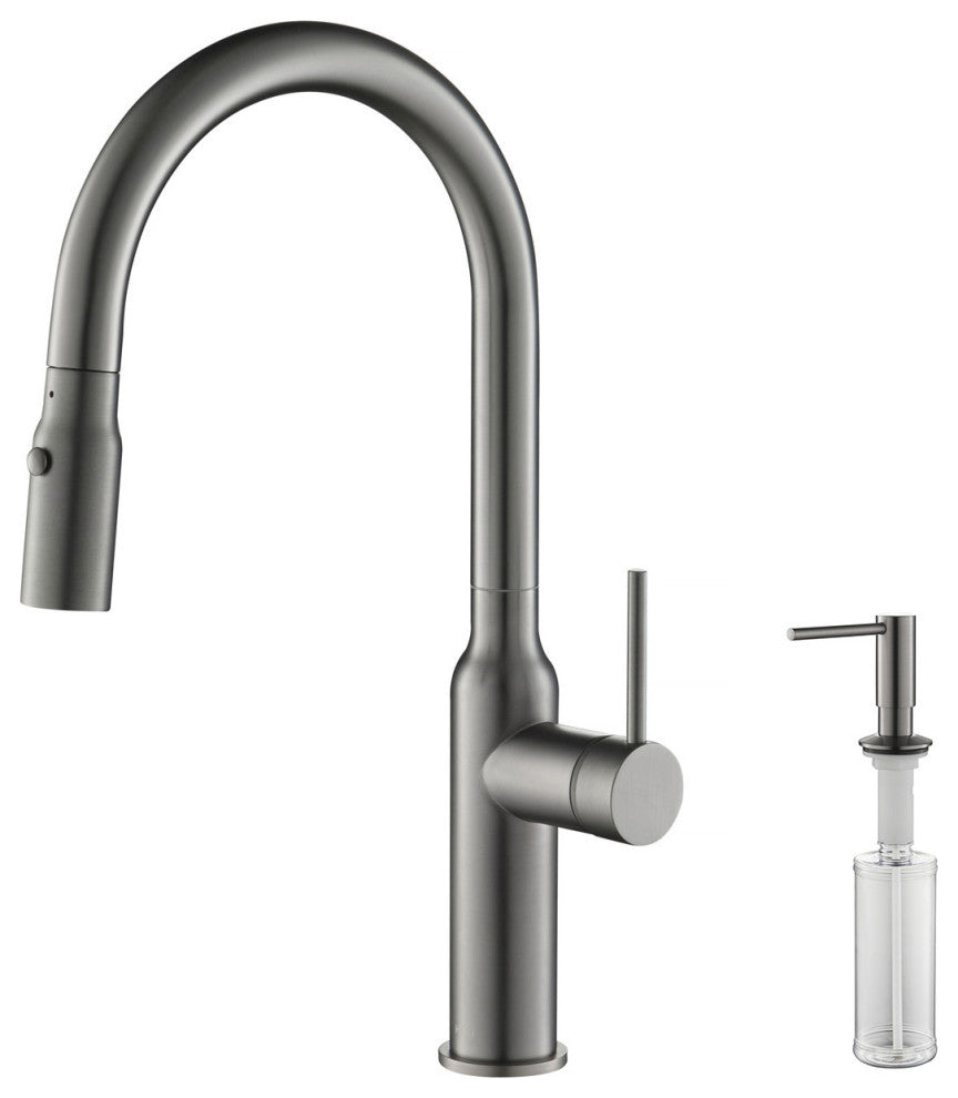 KIBI Hilo Single Handle Pull Down Kitchen Faucet, Titanium, W/ Soap Dispenser