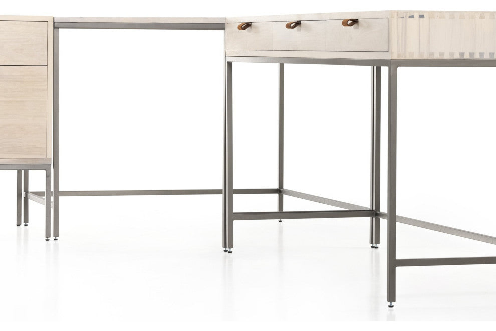 Trey Desk System With Filing Credenza Dove Poplar, Natural Iron, Toffee Leather