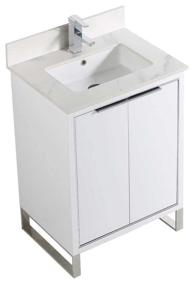 Opulence Bath Vanity, White Matte, 24", Chrome Hardware, White Carrara Top