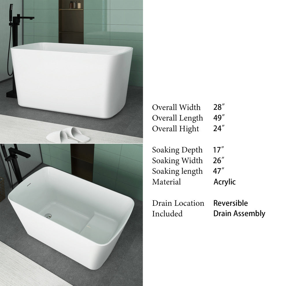 49" W x 28" D Acrylic Freestanding Soaking Sit-in Design Bathtub, White.