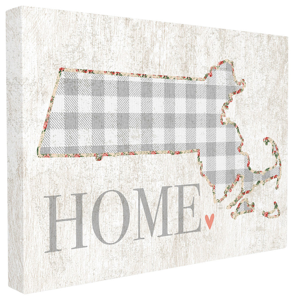 Massachusetts Gray Gingham & Floral Heart & Home Canvas Wall Art, 24"x30"