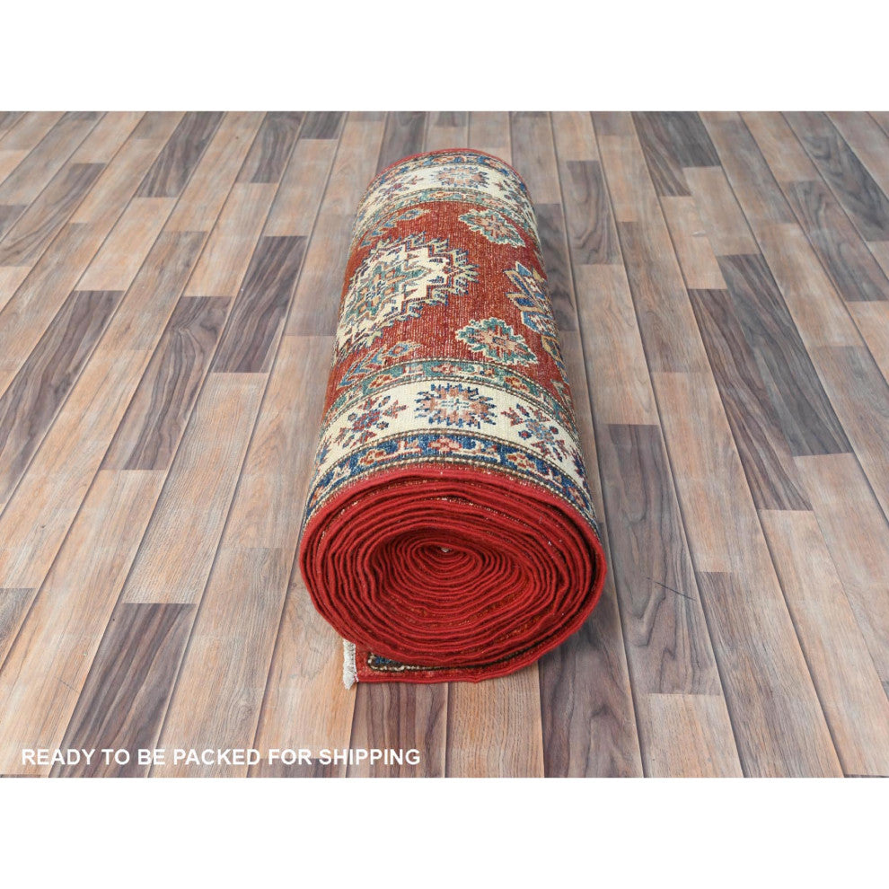 Rich Red, Afghan Super Kazak Soft Wool Hand Knotted XL Runner Rug, 2'8"x39'1"