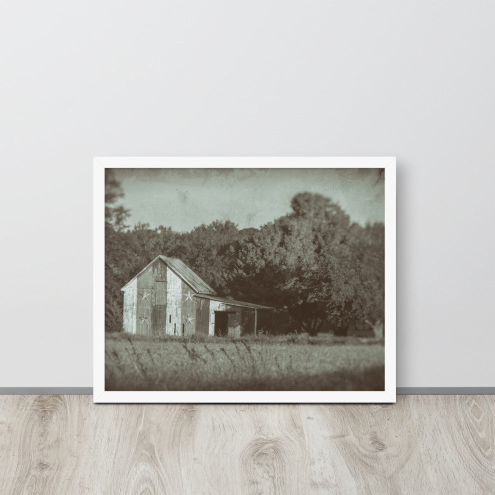Patriotic Barn in Field Vintage Black and White Framed Photo Wall Art Print, White, 16" X 20"