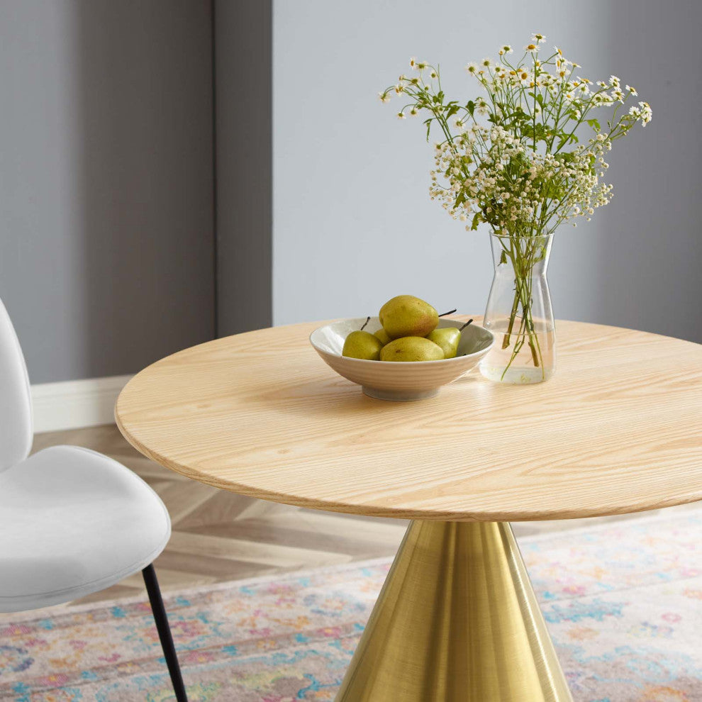 Dining Table, Round, Wood, Metal, Gold Brown Natural, Modern, Bistro Restaurant