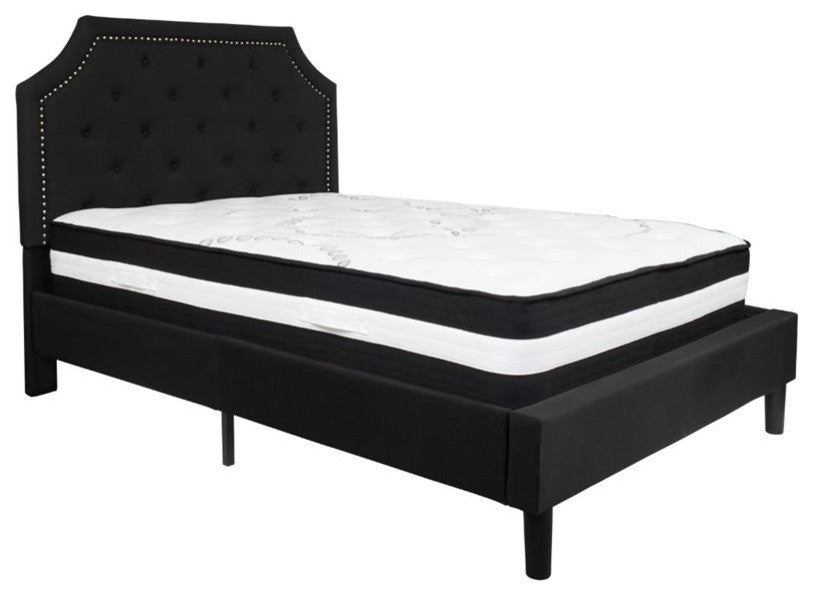 Brighton Full Size Tufted Platform Bed-Black Fabric With Pocket Spring Mattress