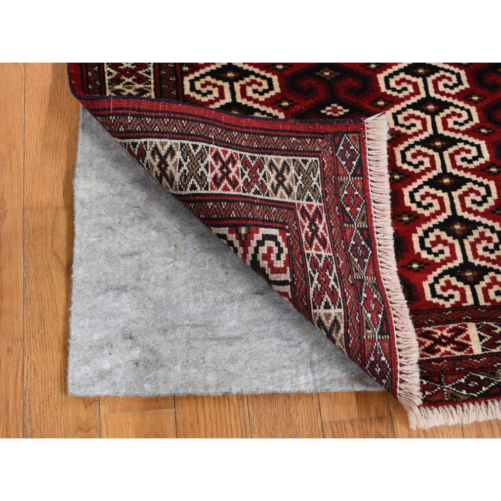 Maroon Red Turkoman Repetitive Design Pure Wool Hand Knotted Rug 3'2" x 4'1"