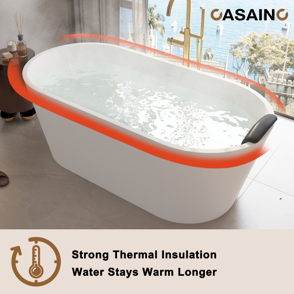 59in White Solid Surface Freestanding Soaking Bathtub with Drain, 67in