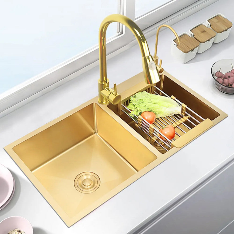 Stainless Steel Kitchen Sink Double Bowls Drop-In Sink with Drain and Overflow, Gold
