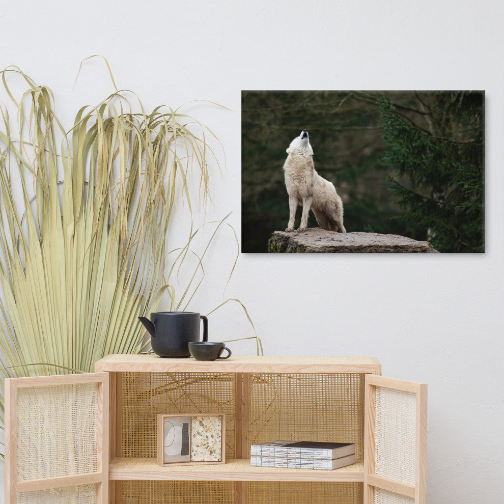 Howling White Wolf In The Forest Wildlife Photograph Canvas Wall Art Print, 24" X 36"
