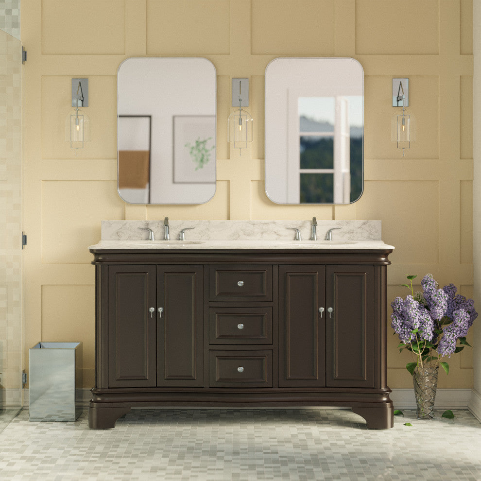 Katherine 60" Bath Vanity, Chocolate, Carrara Marble, Double Vanity