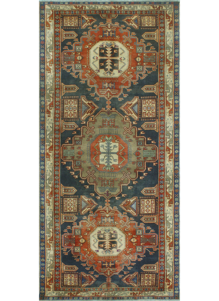 Semi-Antique Borden Navy/Rust Runner, 4'10x10'1