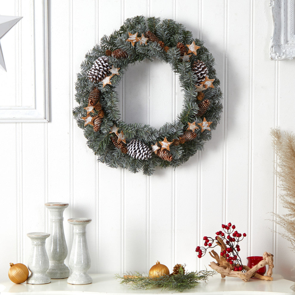 W1260 24 Christmas Winter Frosted Stars and Pinecones Holiday Wreath