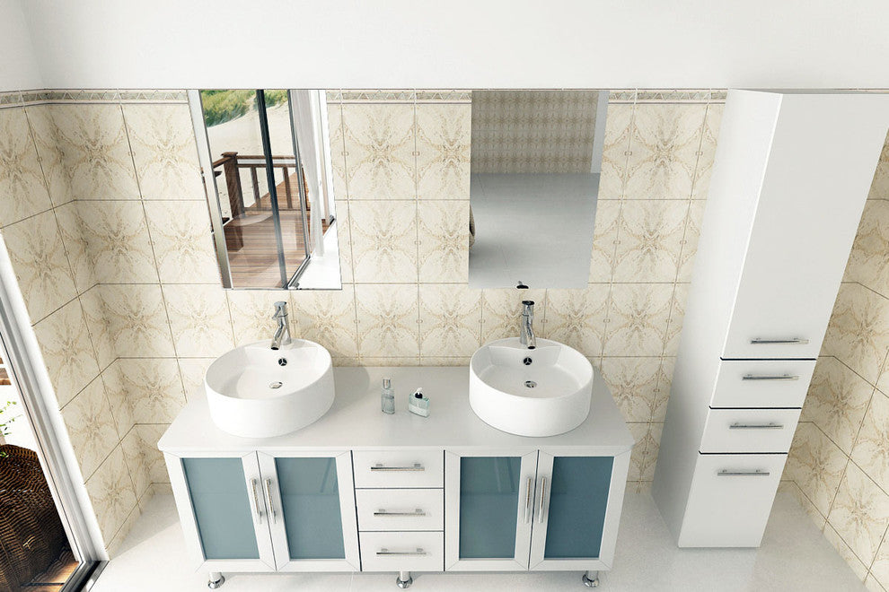 59" Double Lune White Large Vessel Sink Contemporary Bathroom Vanity Cabinet Set