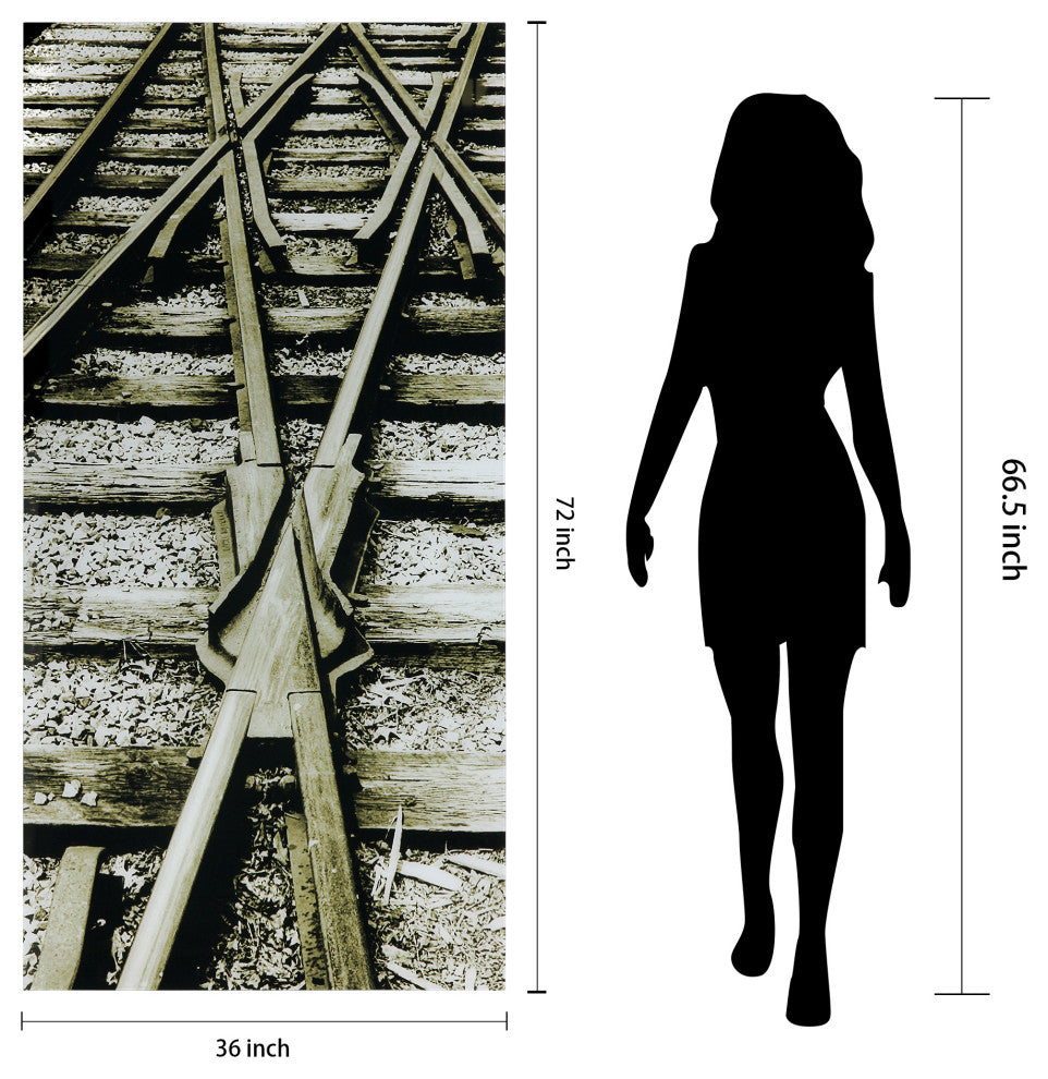 "Crossroads" Train Tracks Wall Art Frameless Free Floating Tempered Glass 72"x36