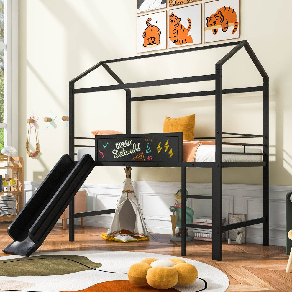 Gewnee Metal Twin House Bed Loft Bed With Slide and Ladder