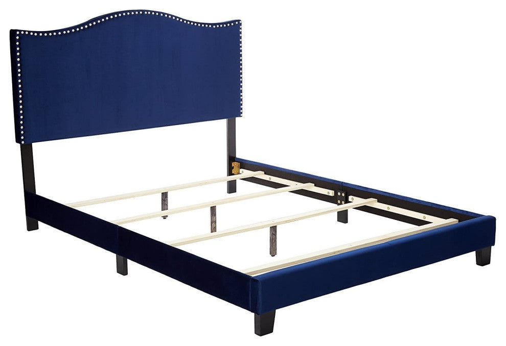 Blue Velvet Nailhead Queen Size Upholstered Bed