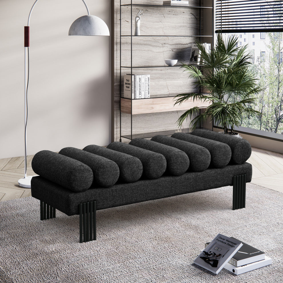 Akeela Linen Textured Fabric Upholstered Bench, Black