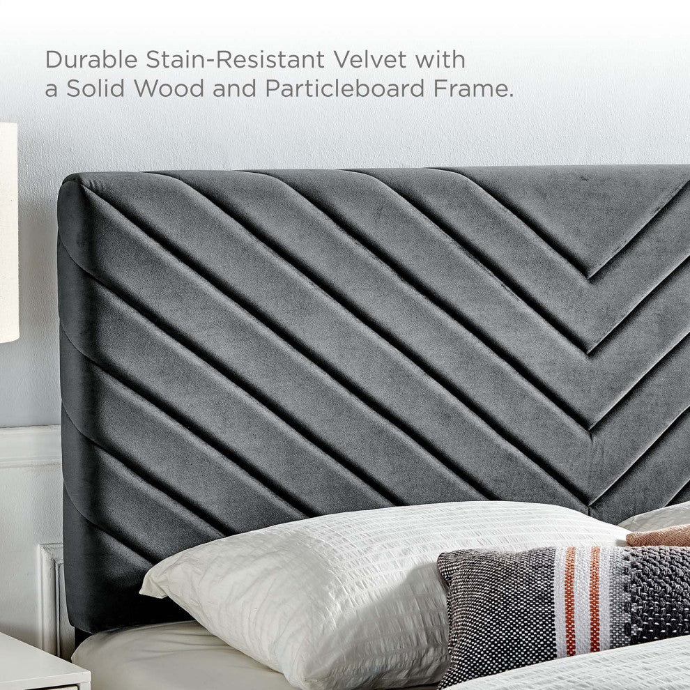 Platform Bed Frame, King Size, Charcoal Gray, Velvet, Modern, Guest Suite
