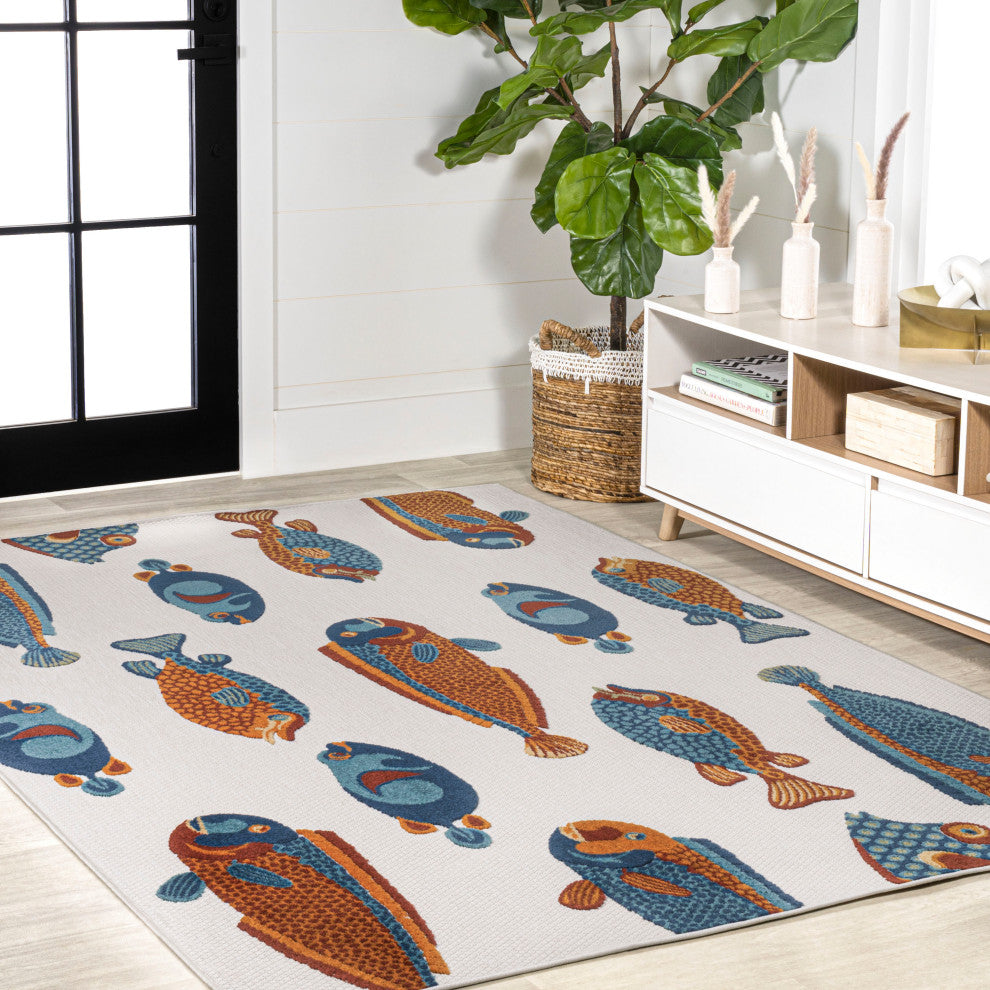 Algarve Modern Fish High-Low Indoor/Outdoor Area Rug, Navy/Orange/Cream, 5 X 8