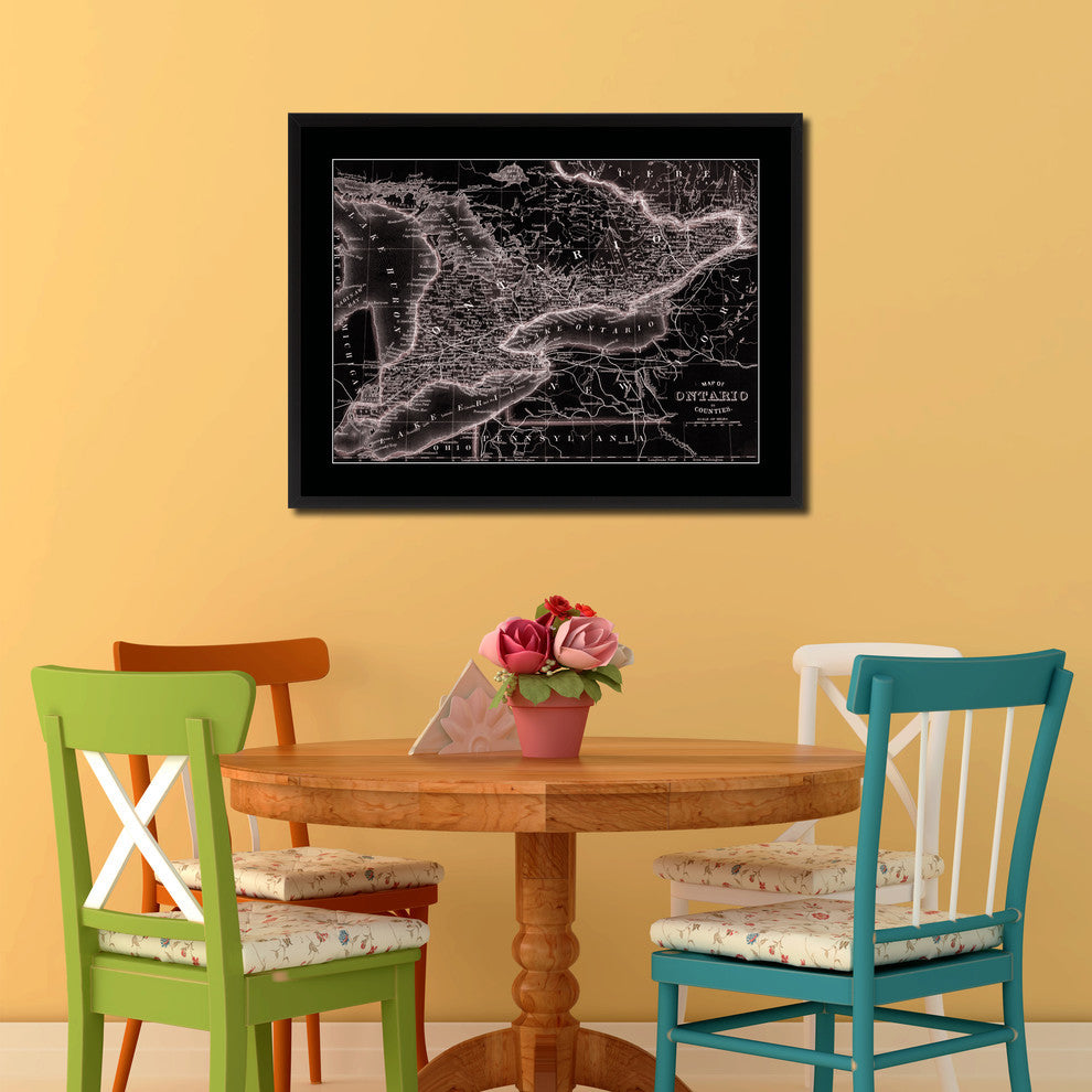 Ontario, Canada Vivid Sepia Map Print On Canvas With Black Frame, 28" X 37"