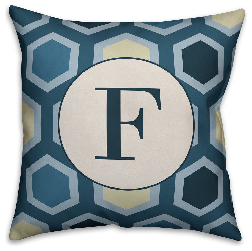 F Blue Hexagon Monogram Spun Poly Pillow, 18x18
