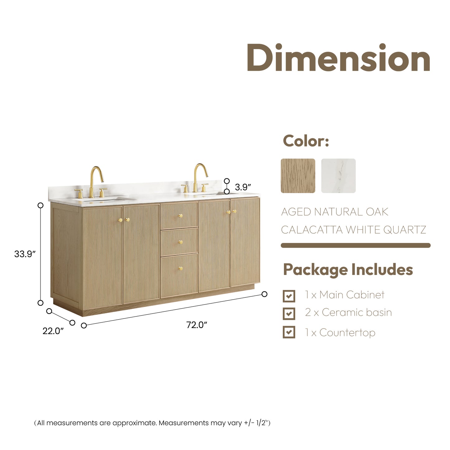 Oza Bath Vanity with Quartz Stone Top, Aged Natural Oak, 72", Double Vanity, No Mirror