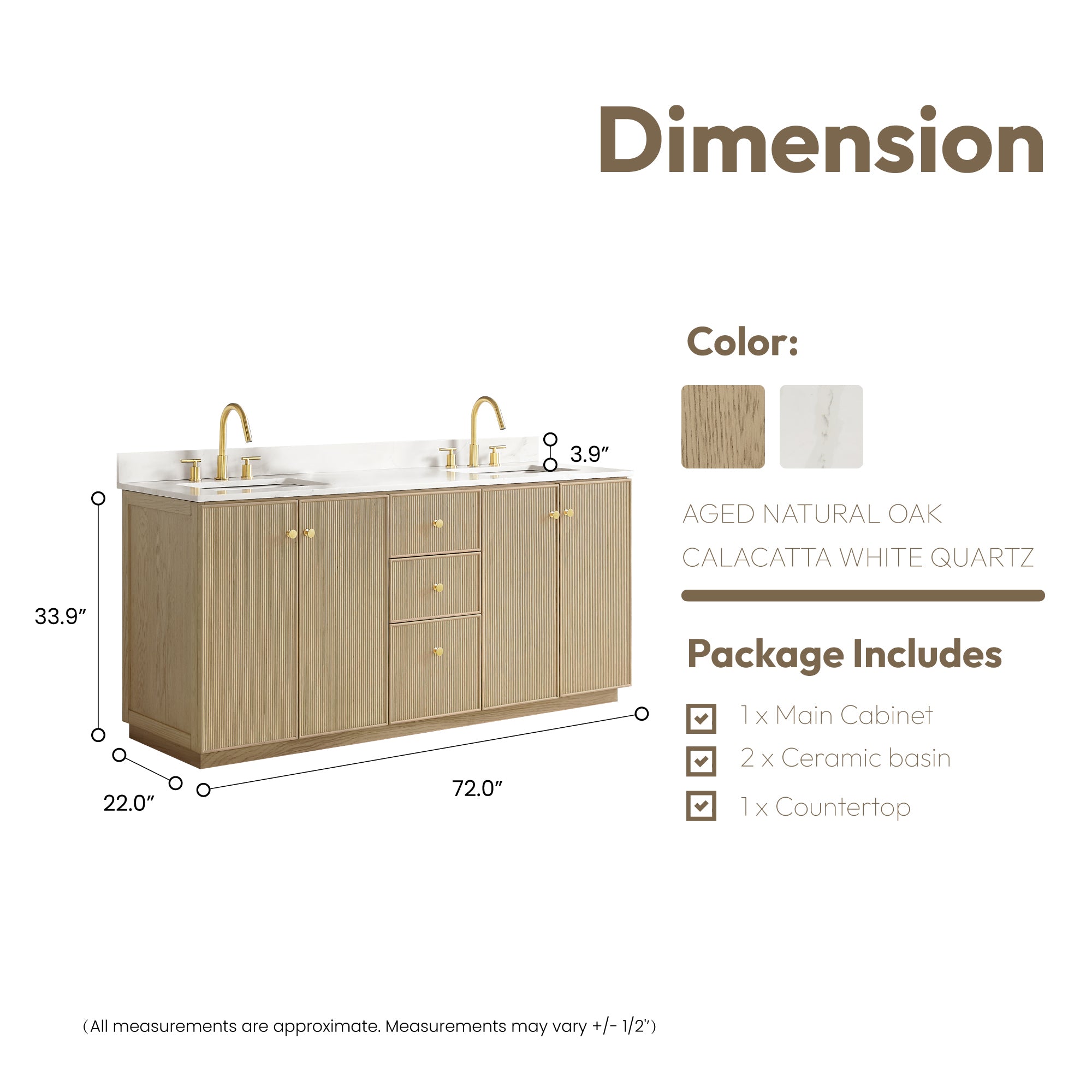 Oza Bath Vanity with Quartz Stone Top, Aged Natural Oak, 72", Double Vanity, No Mirror