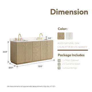 Oza Bath Vanity with Quartz Stone Top, Aged Natural Oak, 72", Double Vanity, No Mirror