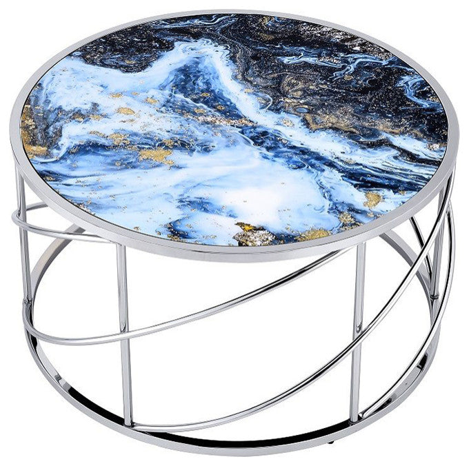 Round Coffee Table with Marble Top in Blue and Chrome