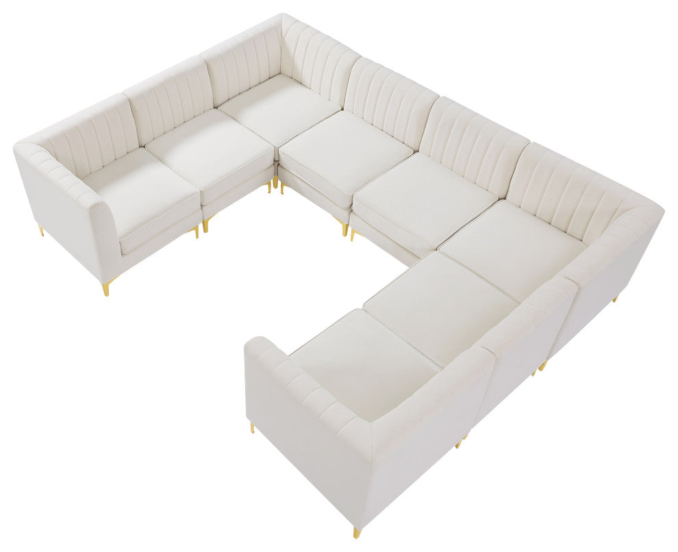 Alina Velvet Modular U-Shaped Sectional, Cream, 8-Piece: 4 Armless Chair, 4 Corner Chair