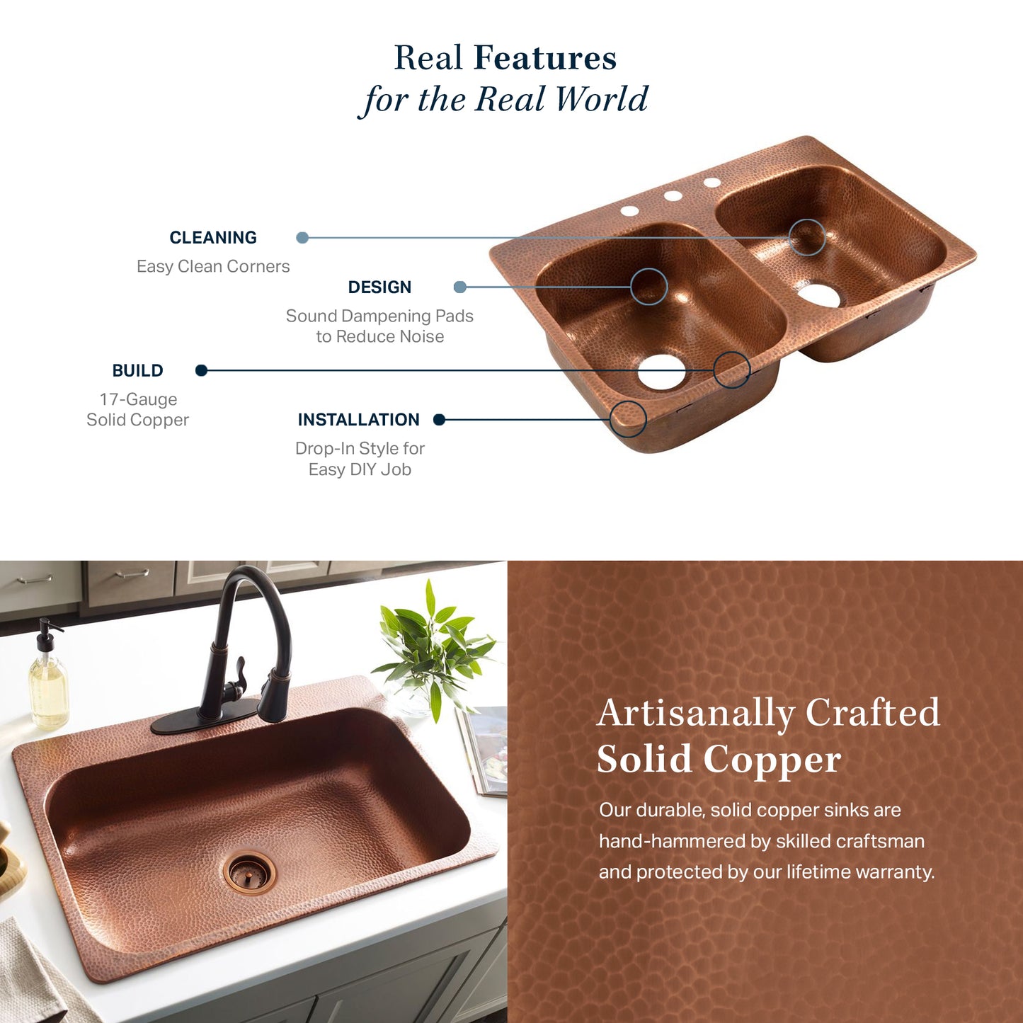 Angelico Copper 33" Double Bowl Drop-In Kitchen Sink With 1 Hole