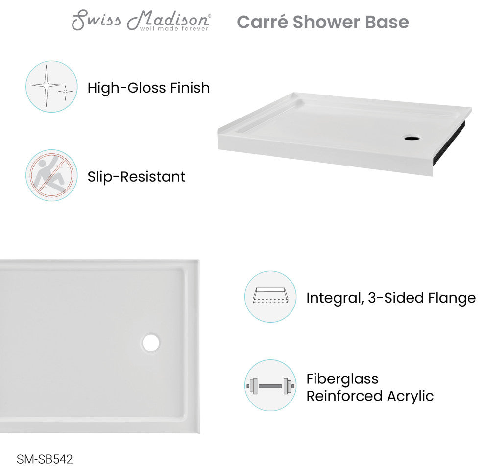 Carre 48"x36" Acrylic White, Single-Threshold, Shower Base, Right Drain