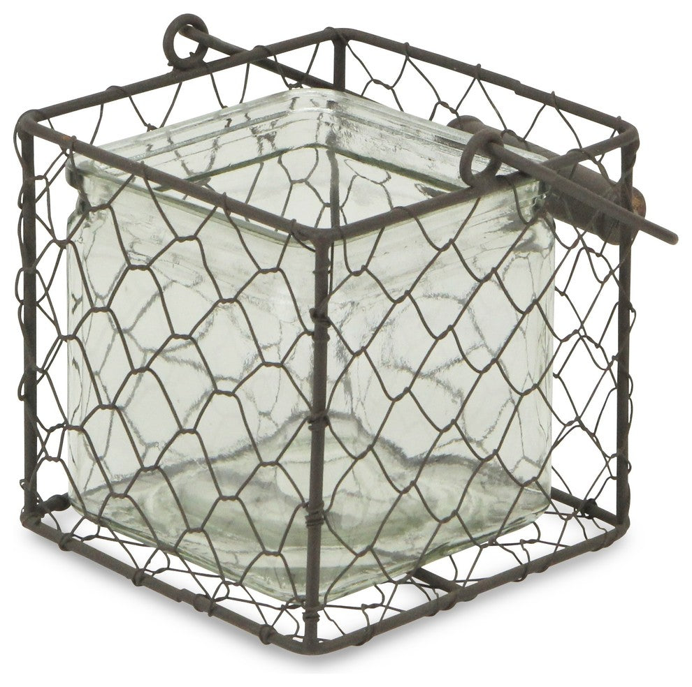Square Wire Basket With Glass Jar, Brown, Large, Medium