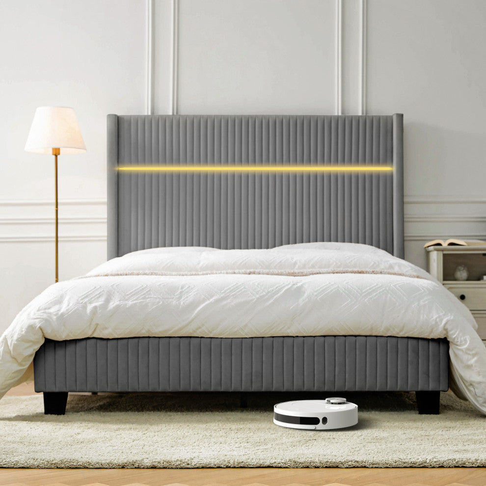 65" Bed With Wingback Design, Light Gray