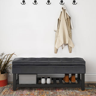 Cosmopolitan Storage Ottoman Bench With Open Bottom, Distressed Black Faux Leather