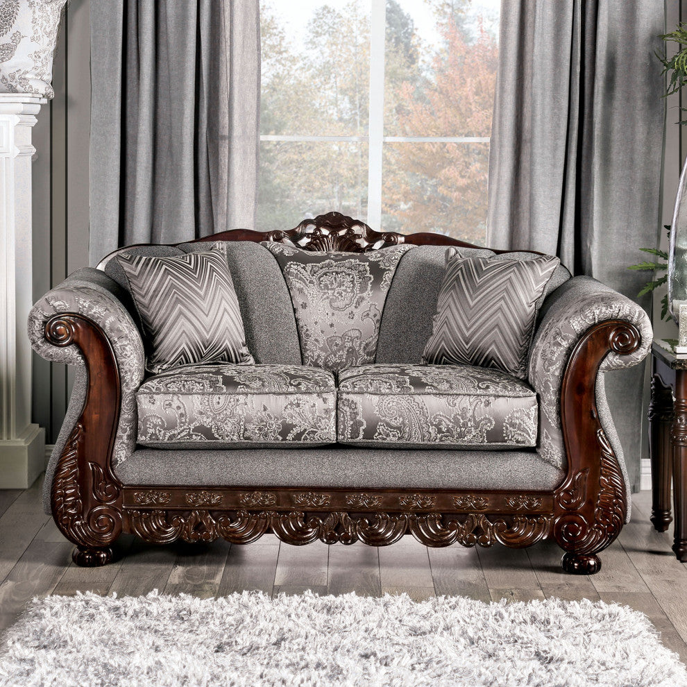 Chenille Love Seat with Wood Trim Design, Gray