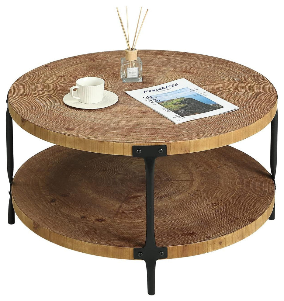 Farmhouse Round Coffee Table With Natural Wood Top and Metal Legs