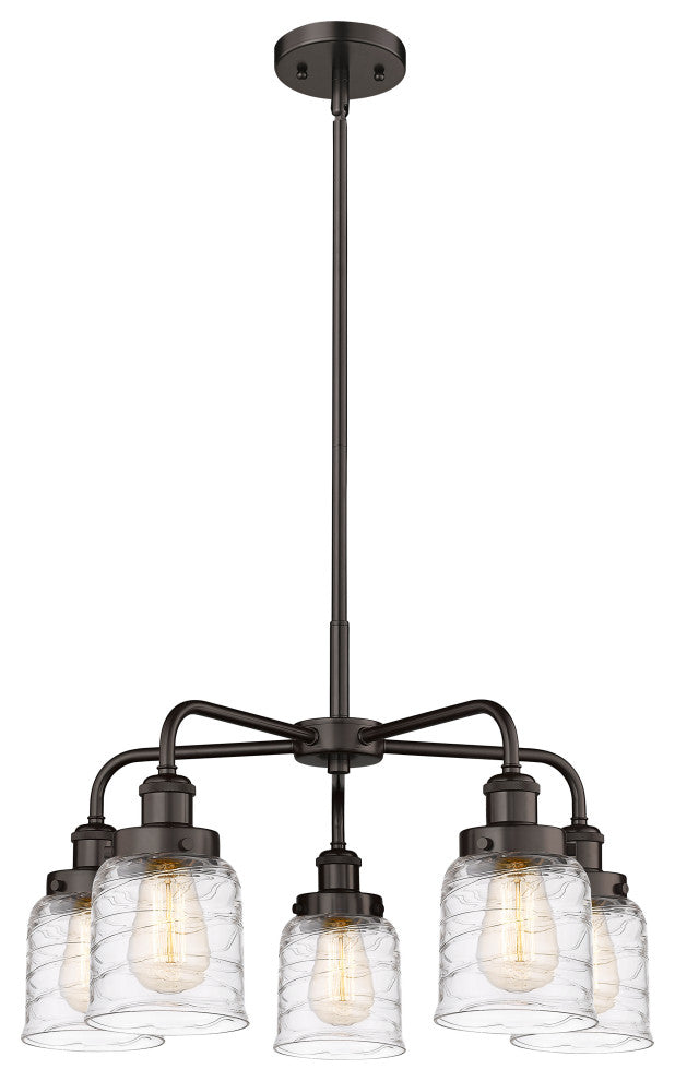 Bell-5 Light 23" Stem Chandelier-Oil Rubbed Bronze -Clear Deco Swirl Glass Shade