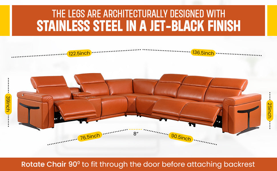 Giovanni 7-Piece 3-Power Reclining Italian Leather Sectional, Black