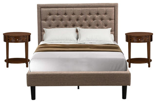 3Pc Bed Set, 1 Platform Bed Frame Dark Khaki Padded, 2 Nightstands, Black Legs
